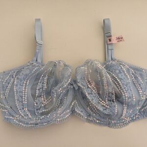 NWT! Victoria's Secret Push Up Without Padding Bra Light Blue Lace & Sequin 34DD